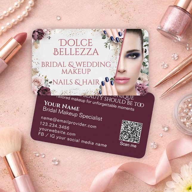Lyxig Burgunderfärgad Blommig Bröllopsmakeupartist Visitkort (Skapare uppladdad)
