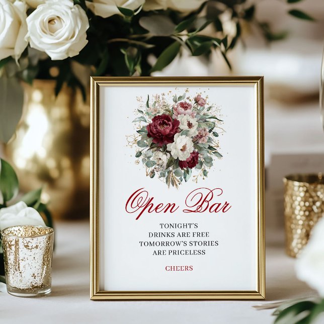 Lyxig Burgunderröda Öppen Bar Bordskylt Poster (Luxe Blush Burgundy Open Bar Tabletop Sign)