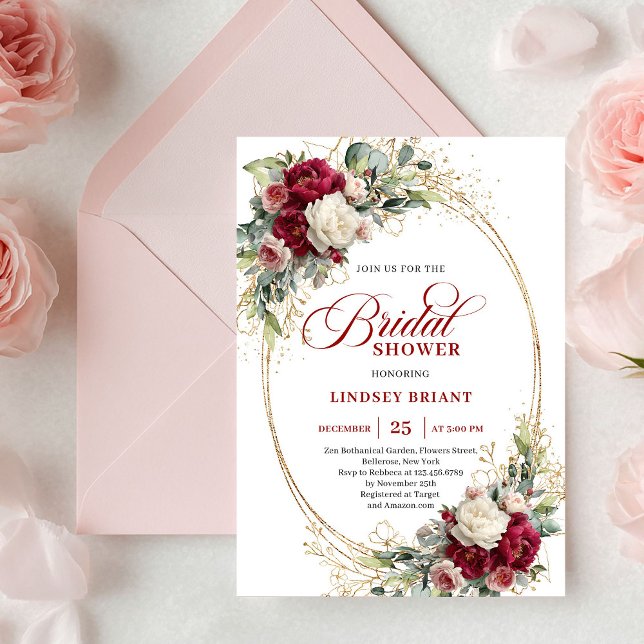 Lyxig Burgundervit Blommig Guld Bröllopsdusch Inbjudningar (Luxury Burgundy White Floral Gold Shower)