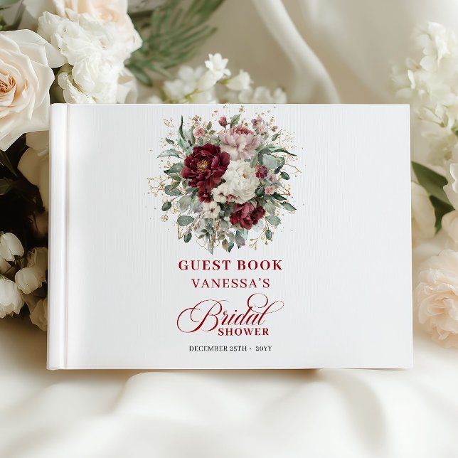 Lyxig Burgundisk Blommig Bröllopsfest Gästbok (Luxury Burgundy Floral Bridal Shower Guest Book)