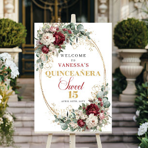 Lyxig Burgundy Blommig Guld Boho Quinceanera Välko Poster