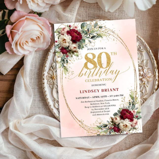 Lyxig Burgundy Bohemisk Blommig 80-årsdag  Inbjudningar (Luxury Burgundy Bohemian Floral 80th Birthday Invite)