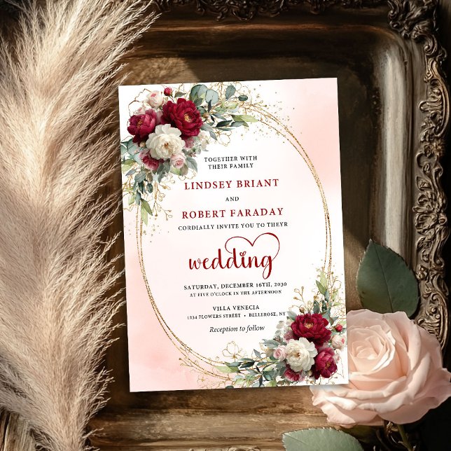 Lyxig Burgundy Boho Blommig Bröllopsinbjudan Guld Inbjudningar (Luxury Burgundy Boho Floral Wedding Gold Invitation)