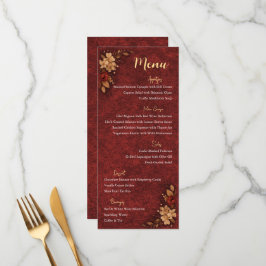 Lyxig Burgundy & Guld Blommig Bröllopsmeny Kort