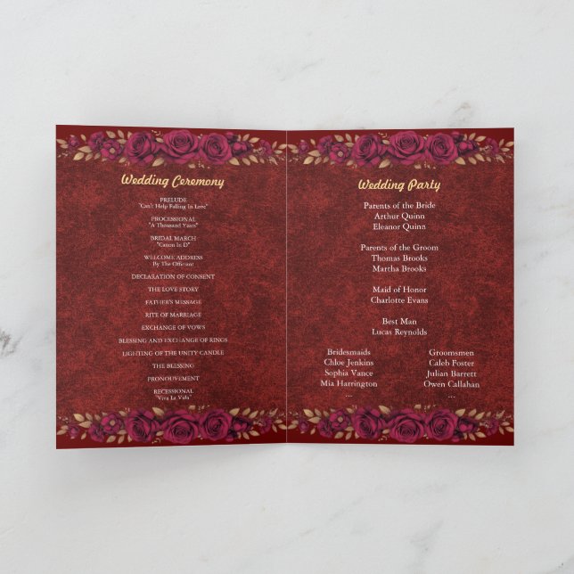 Lyxig Burgundy & Guld Blommig Bröllopsprogram  Program (Inuti)