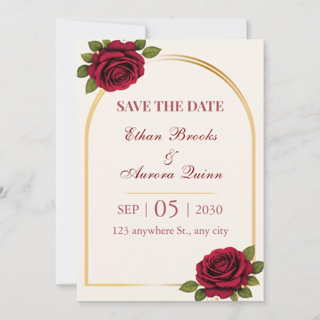 Lyxig Burgundy & Guld Blommig Save the Date Spara Datumet (Framsida)