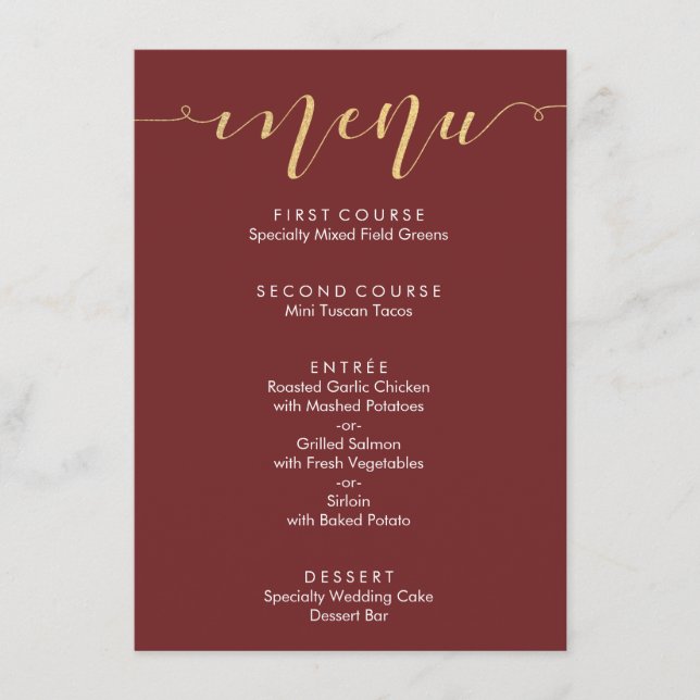 Lyxig Burgundy & Guld Bröllopsmeny Meny (Framsida)