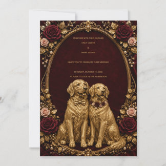 Lyxig Burgundy Guld Golden Retriever Bröllopsinbju Inbjudningar