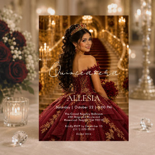 Lyxig Burgundy Guld Quinceañera Inbjudan