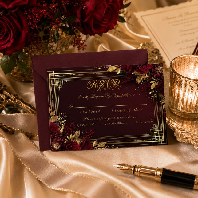 Lyxig Burgundy Guld Ros Bröllop RSVP OSA Kort (Luxurious RSVP Flamenco Collection/ For Your Most Romantic Day)