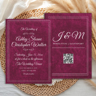 Lyxig Burgundy Sammet Vit Monogram QR-kod Inbjudningar