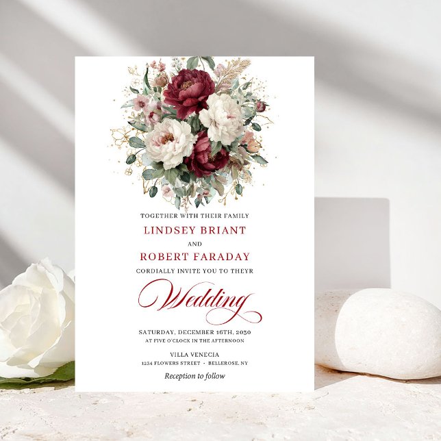 Lyxig Burgundy Vit Blommig Guld Bröllopsinbjudan Inbjudningar (Luxury Burgundy White Floral Gold Wedding Invitation)