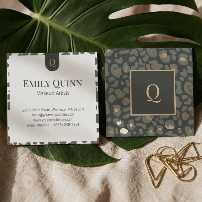 Lyxig Chic Monogram Leopard Gepardtryck Skönhet Fyrkantigt Visitkort (Chic Luxury Monogram Leopard Cheetah Print Beauty Square Business Card)