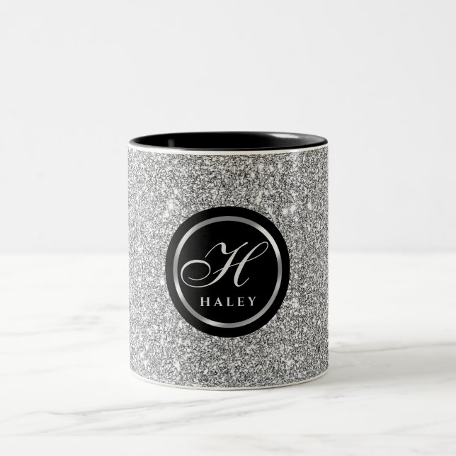 Lyxig Chic Silvergrå Glitter Monogram Initial Två-Tonad Mugg (Center)