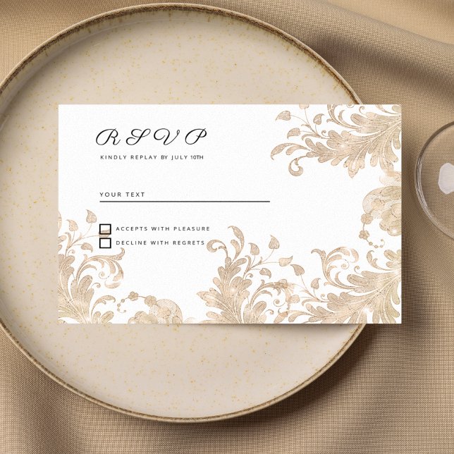 Lyxig chic vit guld blommig spets RSVP Inbjudningar (Luxury chic white gold floral lace RSVP )