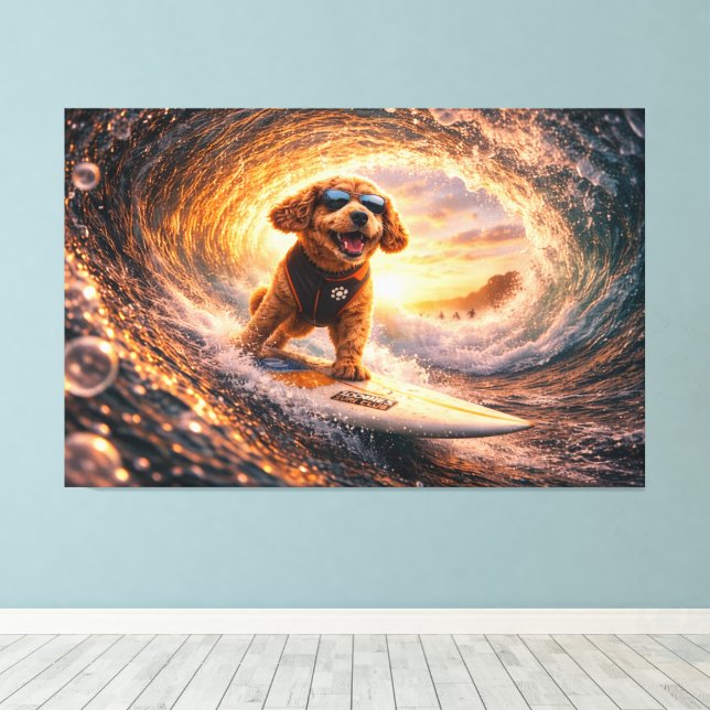 Lyxig Cockapoo Surfduk – Ocean Dog Art Canvastryck (Insitu (trägolv))