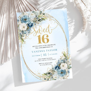 Lyxig dammig blå blomsterglans Sweet Sixteen födel Inbjudningar