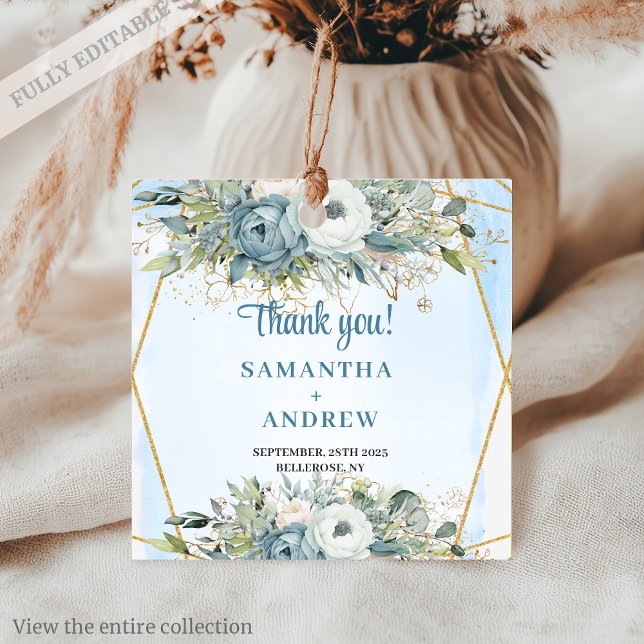 Lyxig dammig blå blomsterguld glitter bröllopsmärk gåvor etiketter (Luxury Dusty Blue Floral Gold Glitter Wedding Tag)