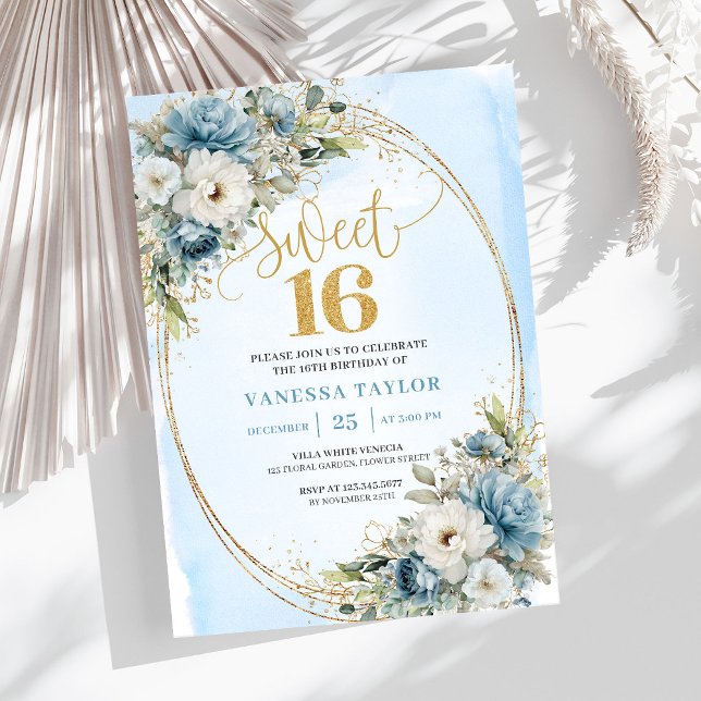 Lyxig dammig blå grönska Söt 16-årsdag  Inbjudningar (Luxury Dusty Blue Greenery Sweet 16th Birthday Invite)