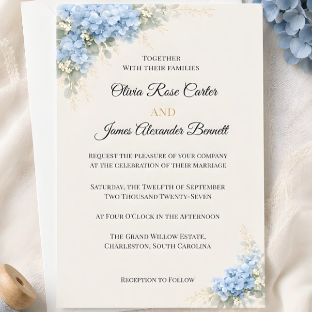 Lyxig dammig blå hortensia bröllop inbjudningar (Luxury dusty blue hydrangea wedding themed invitation card)