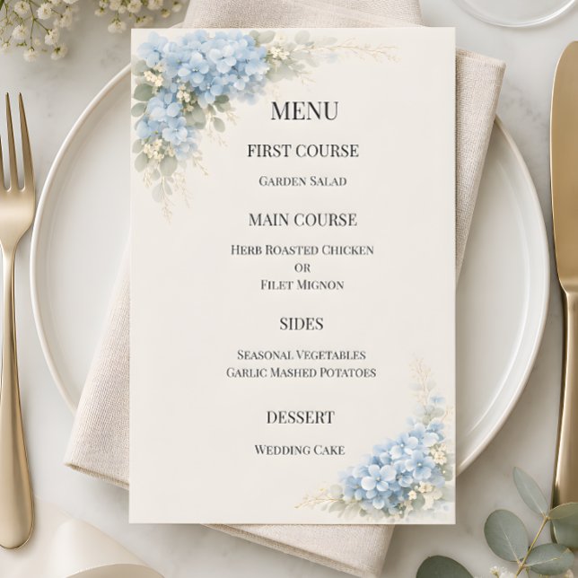 Lyxig dammig blå hortensia bröllop meny (Part of the luxury dusty blue hydrangea wedding theme, menu card)