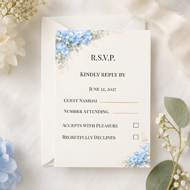 Lyxig dammig blå hortensia bröllop OSA kort (Part of the luxury dusty blue hydrangea wedding theme, RSVP card)