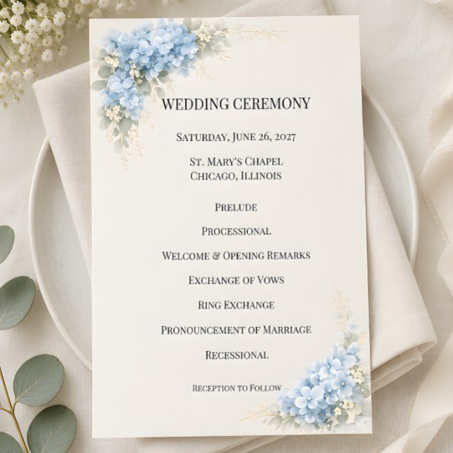 Lyxig dammig blå hortensia bröllop program (Part of the luxury dusty blue hydrangea wedding collection, program)