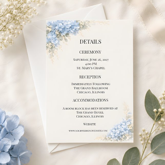 Lyxig dammig blå hortensia bröllopsdetaljkort inbjudningar (Part of the luxury dusty blue hydrangea wedding collection, details card)