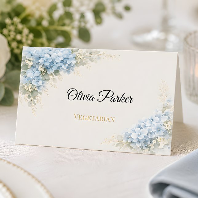 Lyxig dammig blå hortensia-högtid placeringskort (Part of the luxury dusty blue hydrangea wedding collection, place card)