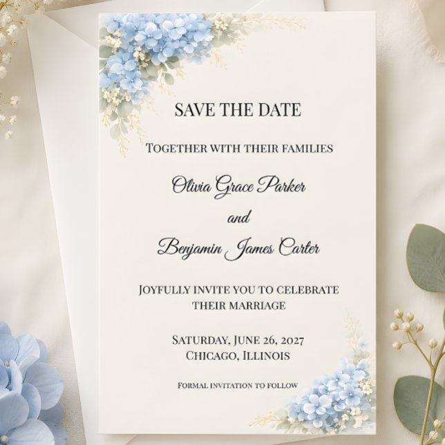 Lyxig dammig blå hortensia spara datumet (Part of the luxury dusty blue hydrangea wedding collection, save the date)
