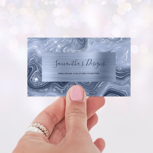Lyxig dammig blå marmor agat glamour visitkort (Luxury Dusty Blue Marble Agate Glam Business Card)