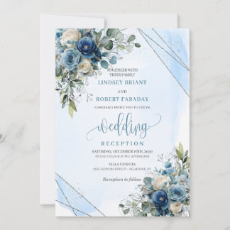 Lyxig dammig blå silverblommig bröllopsreception inbjudningar