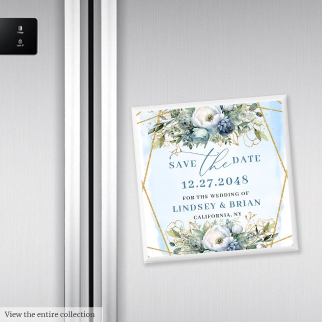 Lyxig Dammsint Blått Guld Glitter Spara Datum Magn Magnet (Luxury Dusty Blue Gold Glitter Save the Date Magnet)