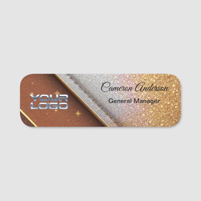Lyxig Diagonal Glitter Brun Guld Märke Namnbricka (Framsida)
