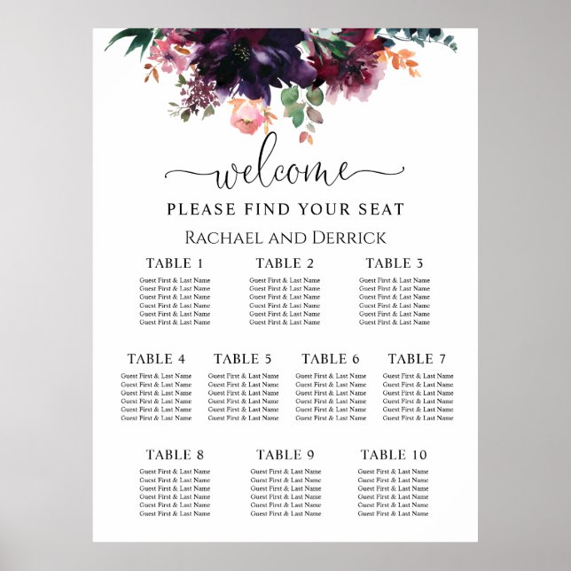 Lyxig Djup Blommig Bröllopsställningsschema Poster (Framsidan)