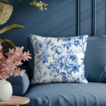 Lyxig Djupblå Toile de Jouy Rosmönstrat Kuddskal