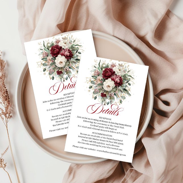 Lyxig Djupröd Blommig Eukalyptus Guld Info Kort (Luxury Deep Red Floral Eucalyptus Gold Info Card)