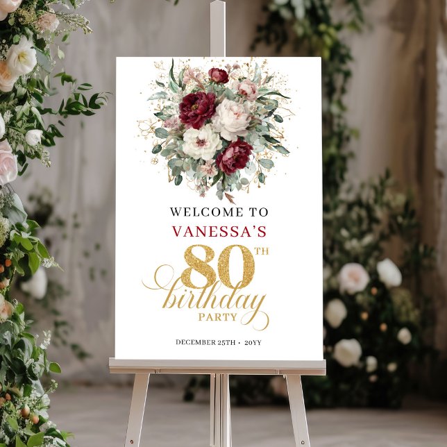 Lyxig djupröd blommig välkomstskylt för 80-årsfira poster (Luxury Deep Red Floral 80th Birthday Welcome Poster)