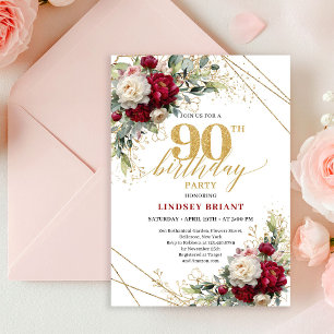 Lyxig djupröd blomsterguld 90-års inbjudan