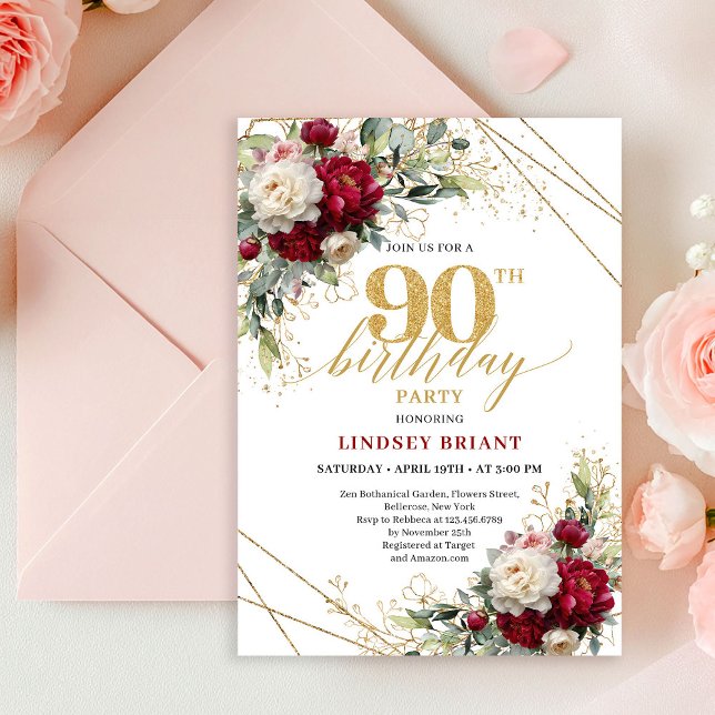 Lyxig djupröd blomsterguld 90-års inbjudan (Luxury Deep Red Floral Gold 90th Birthday Invitation)
