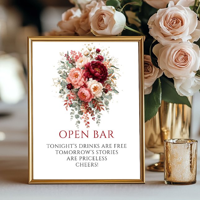 Lyxig Djupröd Boho Blommig Öppen Bar 8x10 Skylt (Opulent Deep Red Boho Floral Open Bar 8x10 Sign

)