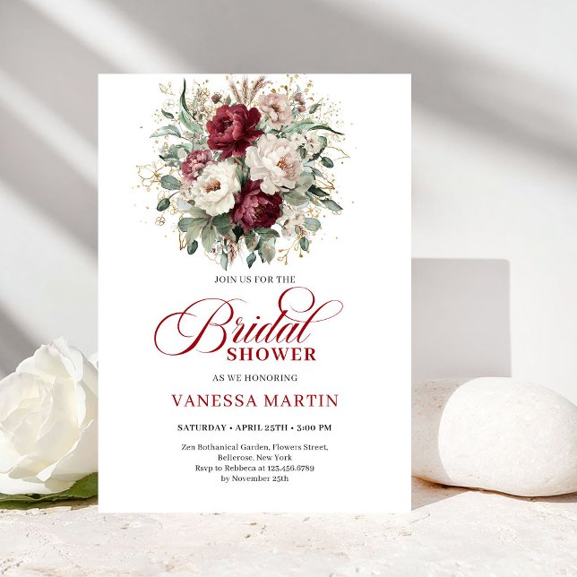 Lyxig djupröd guld bröllopsfestinbjudan inbjudningar (Luxurious Deep Red Gold Bridal Shower Invitation)