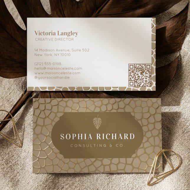 Lyxig Elegant Guld Alligator Tryck QR-kod Visitkort (Luxury Elegant Gold Alligator Print QR Code Business Card)