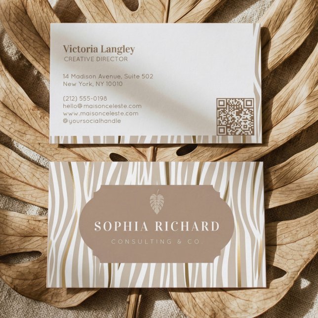 Lyxig Elegant Guld Sebraprint Ränder QR-kod Visitkort (Luxury Elegant Gold Zebra Print Stripes QR Code Business Card)