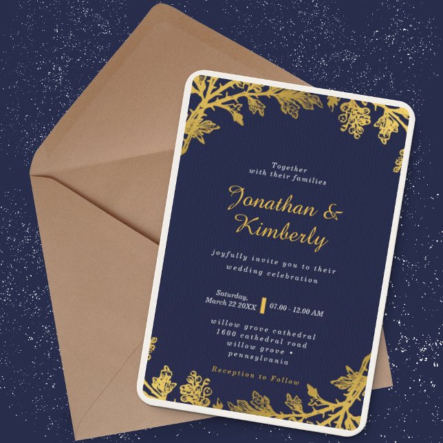 Lyxig Elegant Marinblå & Guld Blommig Bröllopsfest Inbjudningar (Skapare uppladdad)