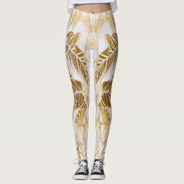 Lyxig Elfenben och Guld Palm Monstera Blad Leggings