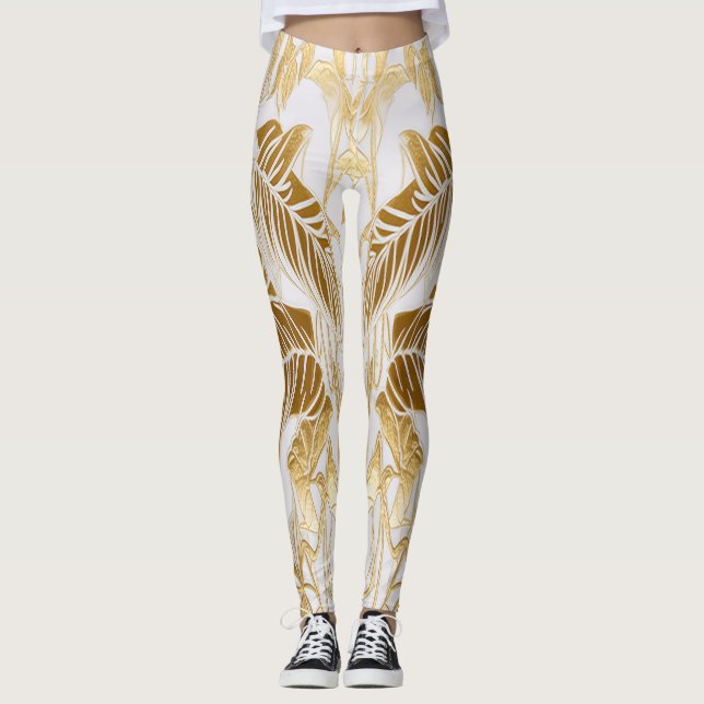 Lyxig Elfenben och Guld Palm Monstera Blad Leggings (Framsida)