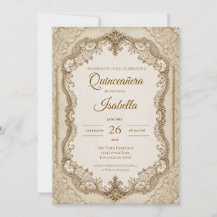 Lyxig Elfenbensguld Spets Quinceañera Inbjudningar