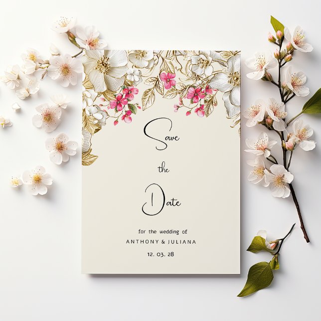 Lyxig elfenbensrosa vit guld blommor Spara datum Inbjudningar (Luxury ivory pink white gold flowers Save the Date)
