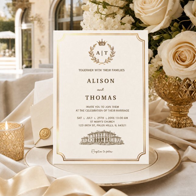Lyxig Elfenbensvitt & Guld Europeisk Villa | Elega Inbjudningar (Luxury Ivory & Gold European Villa | Elegant Invitation)